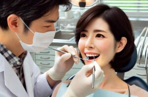 歯周病のチェックを受ける女性