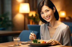 ホワイトニング後に食事を楽しむ女性
