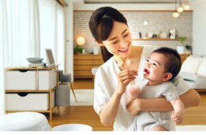 赤ちゃんの歯磨きをする母親