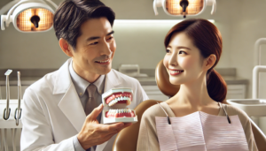 インプラントの治療の流れを説明する歯科医と女性の患者