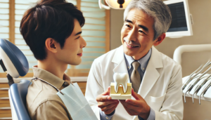 虫歯の説明をする歯科医