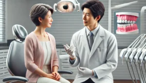 歯周病と糖尿病に関して歯科医に相談する女性