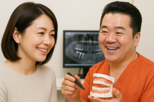 歯科医からインプラント治療を説明を受ける女性